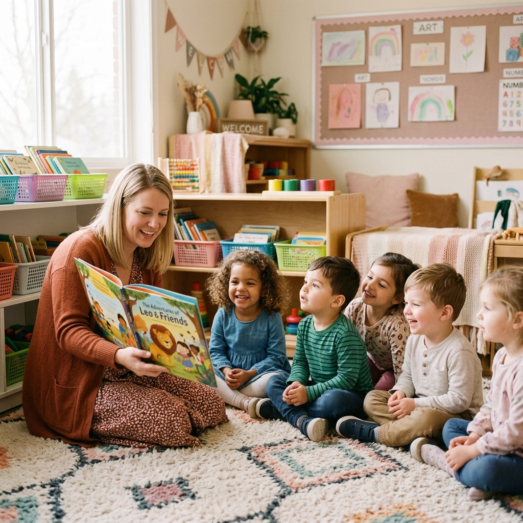 Teacher reading stories to children at Angel Dale
